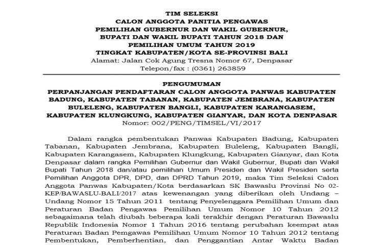 PENGUMUMAN PERPANJANGAN PENDAFTARAN CALON ANGGOTA PANWAS KAB/KOTA SE-BALI PILKADA TAHUN 2018