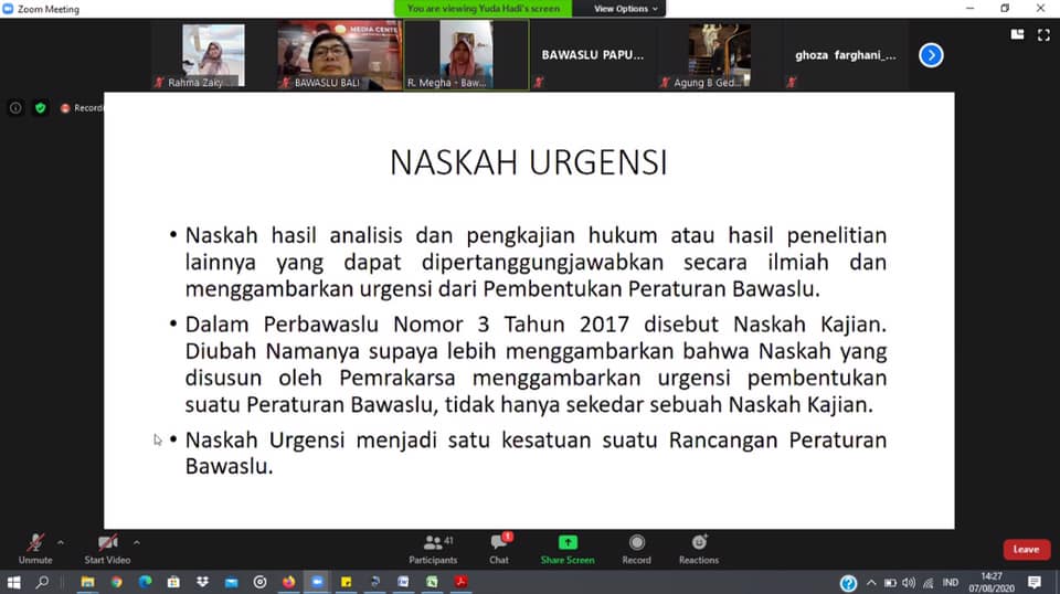 Bawaslu Bali mengikuti Rapat Diseminasi Rancangan Peraturan Bawaslu Tentang Pembentukan Perbawaslu