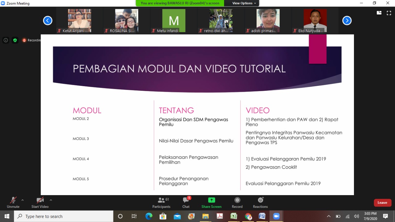 Rakor Penyiapan Modul Bimbingan Teknis Dalam Rangka Pengawasan Tahapan Pemutakhiran Data Pemilih dengan Protokol COVID-19