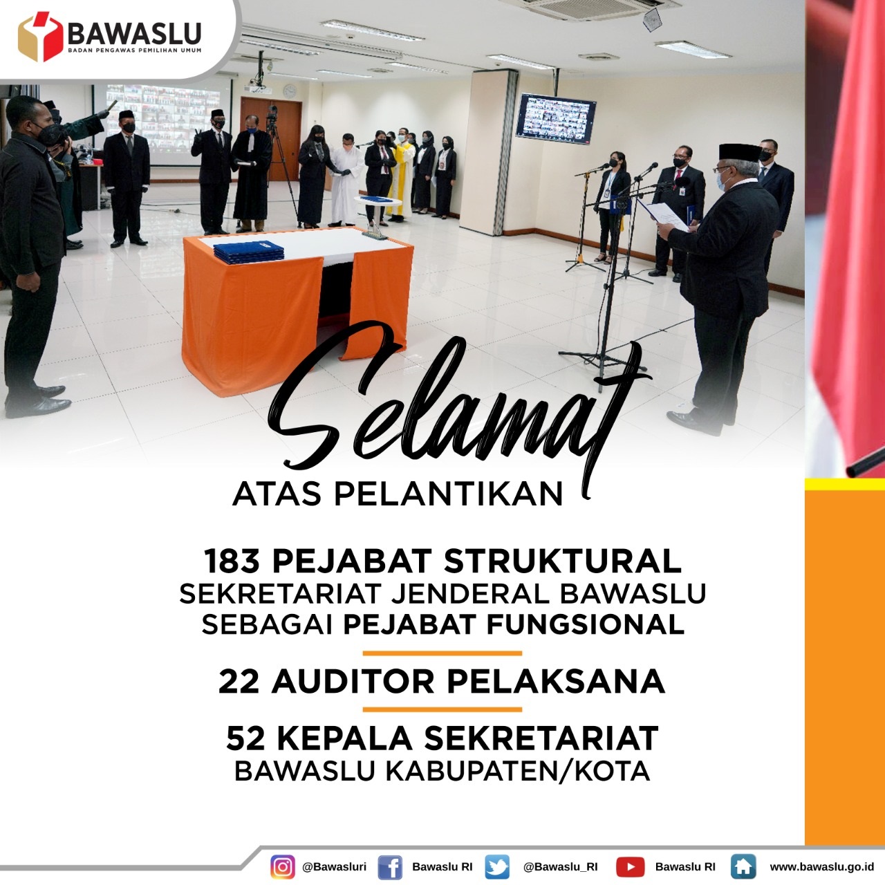 Selamat atas Pelantikan Pejabat Fungsional, Auditor Pelaksana dan Kepala Sekretariat di Lingkungan Bawaslu