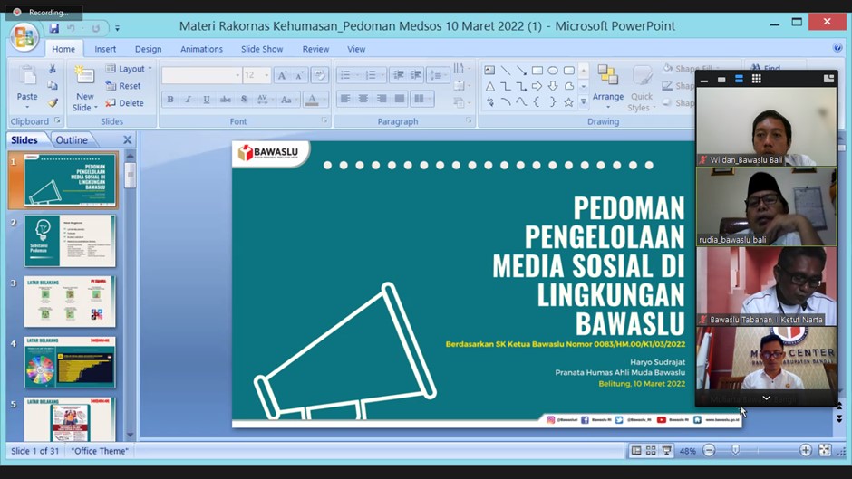 Gelar Rapat Humas Secara Daring, Rudia Tekankan Pengelolaan Media Sosial Bawaslu Harus Informatif, Edukatif, Impresif, dan Advokatif