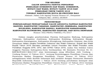 PENGUMUMAN PERPANJANGAN PENDAFTARAN CALON ANGGOTA PANWAS KAB/KOTA SE-BALI PILKADA TAHUN 2018